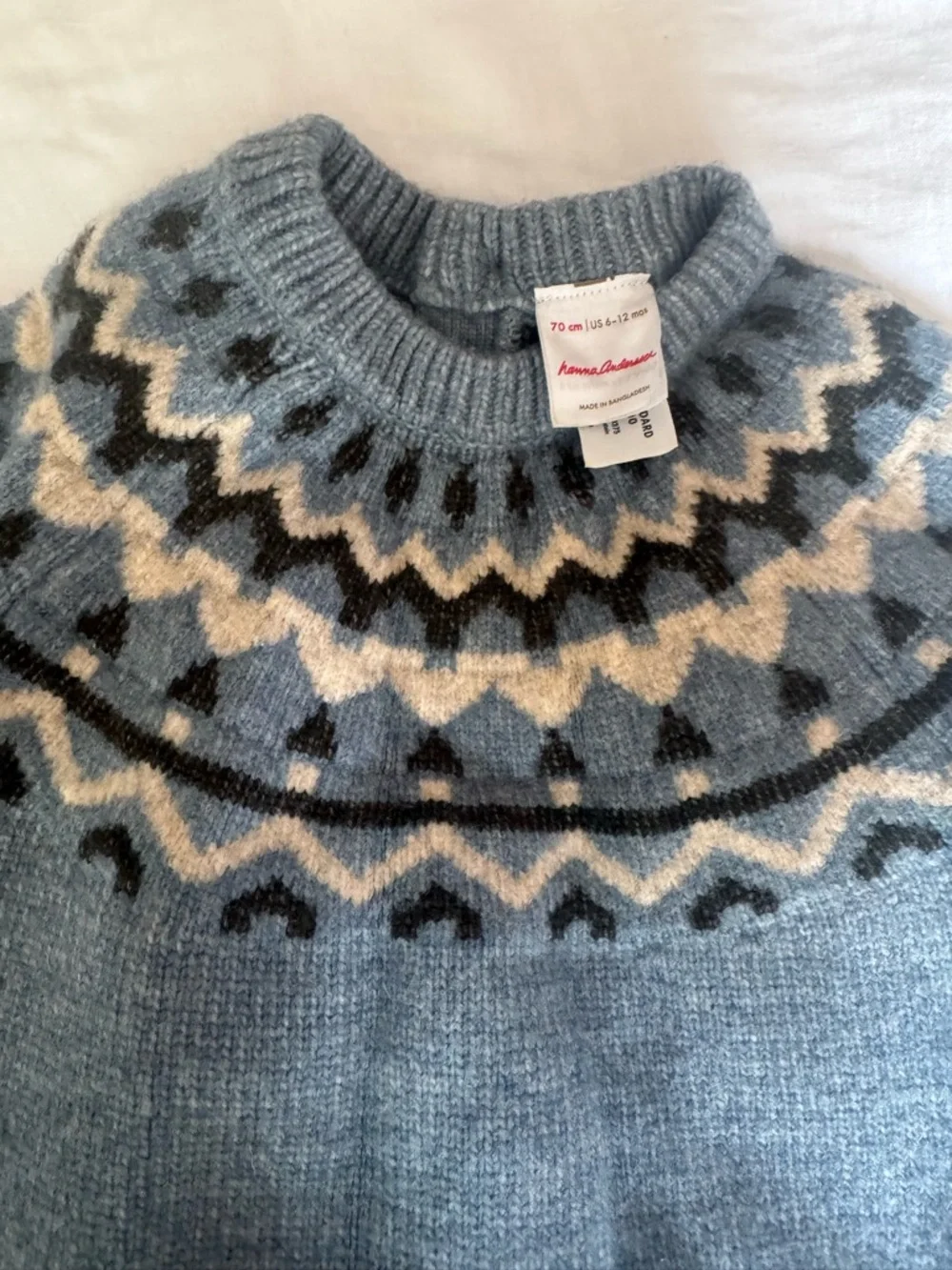 Classic Knit Baby One-Piece in Blue with Fair Isle Yoke 6-12 soft cozy sweater